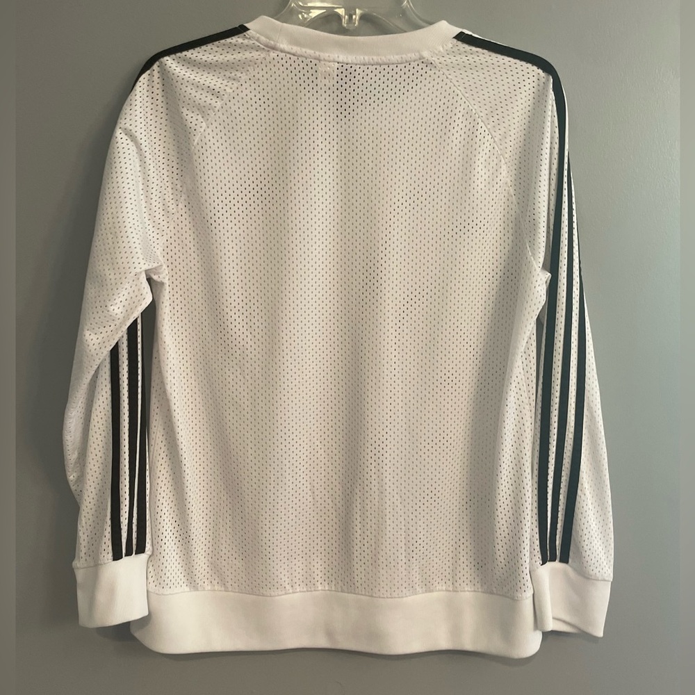 Adidas Women's White Mesh Jersey Athletic Top with Black Stripes Long Sleeve - Picture 6 of 10